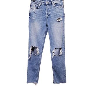 Distressed raw hem high rise boyfriend mom jeans